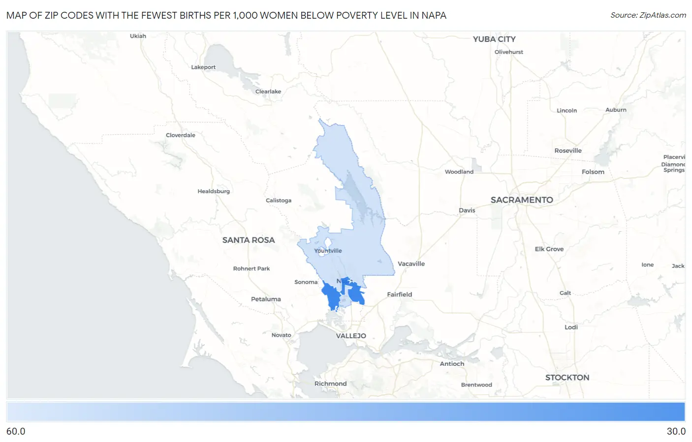 Zip Codes with the Fewest Births per 1,000 Women Below Poverty Level in Napa Map