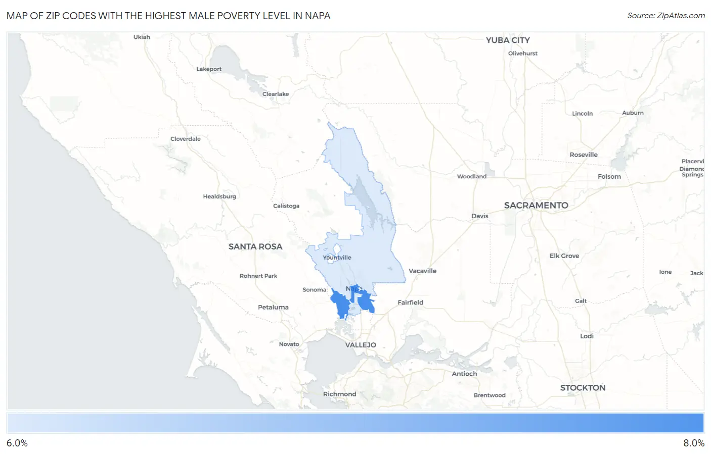 Zip Codes with the Highest Male Poverty Level in Napa Map