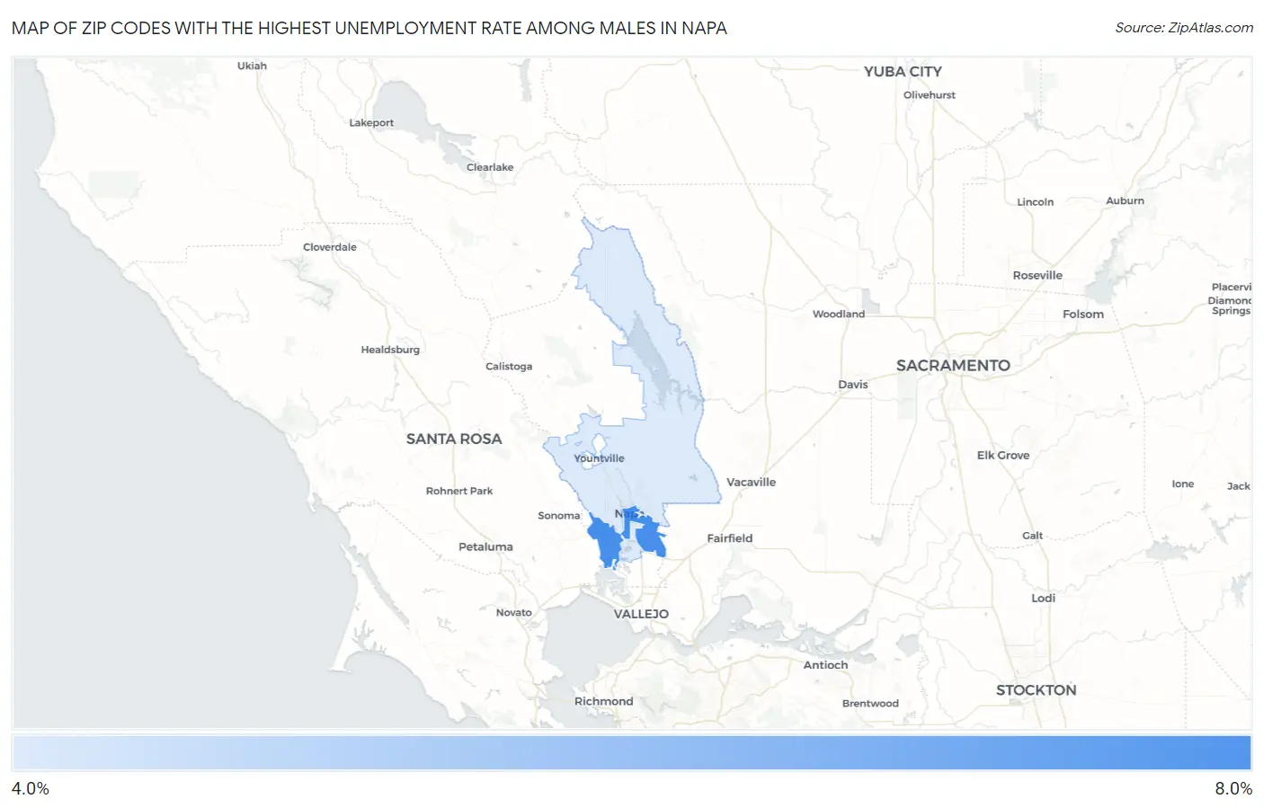Zip Codes with the Highest Unemployment Rate Among Males in Napa Map