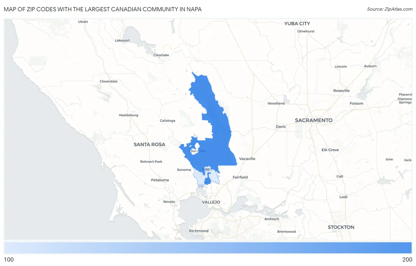 Zip Codes with the Largest Canadian Community in Napa Map