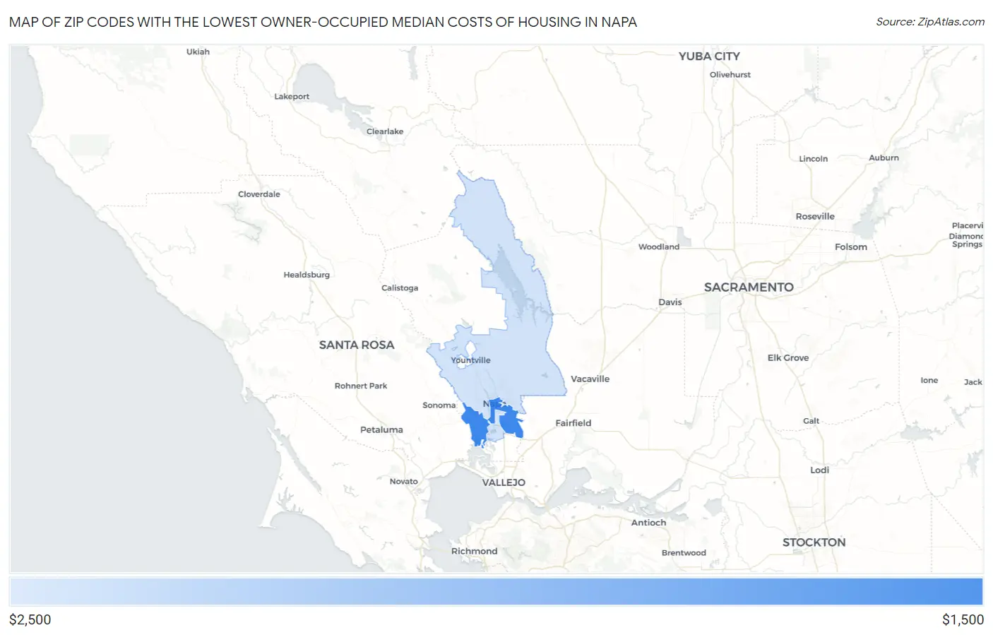 Zip Codes with the Lowest Owner-Occupied Median Costs of Housing in Napa Map