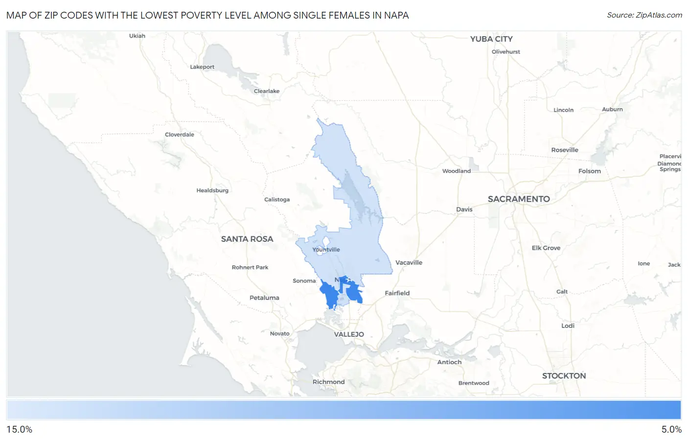 Zip Codes with the Lowest Poverty Level Among Single Females in Napa Map