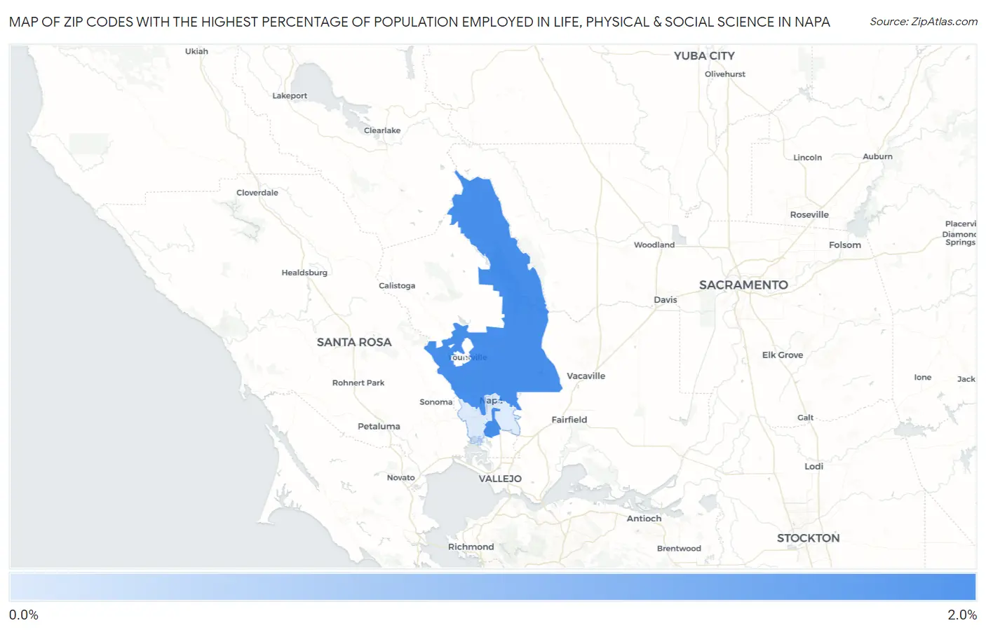 Zip Codes with the Highest Percentage of Population Employed in Life, Physical & Social Science in Napa Map