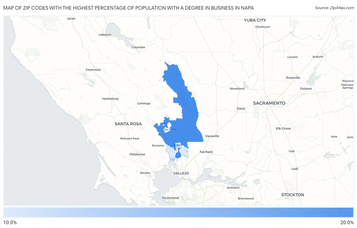 Zip Codes with the Highest Percentage of Population with a Degree in Business in Napa Map