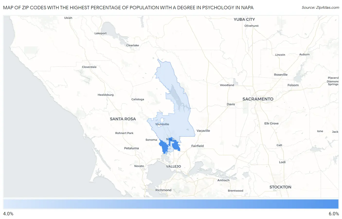 Zip Codes with the Highest Percentage of Population with a Degree in Psychology in Napa Map