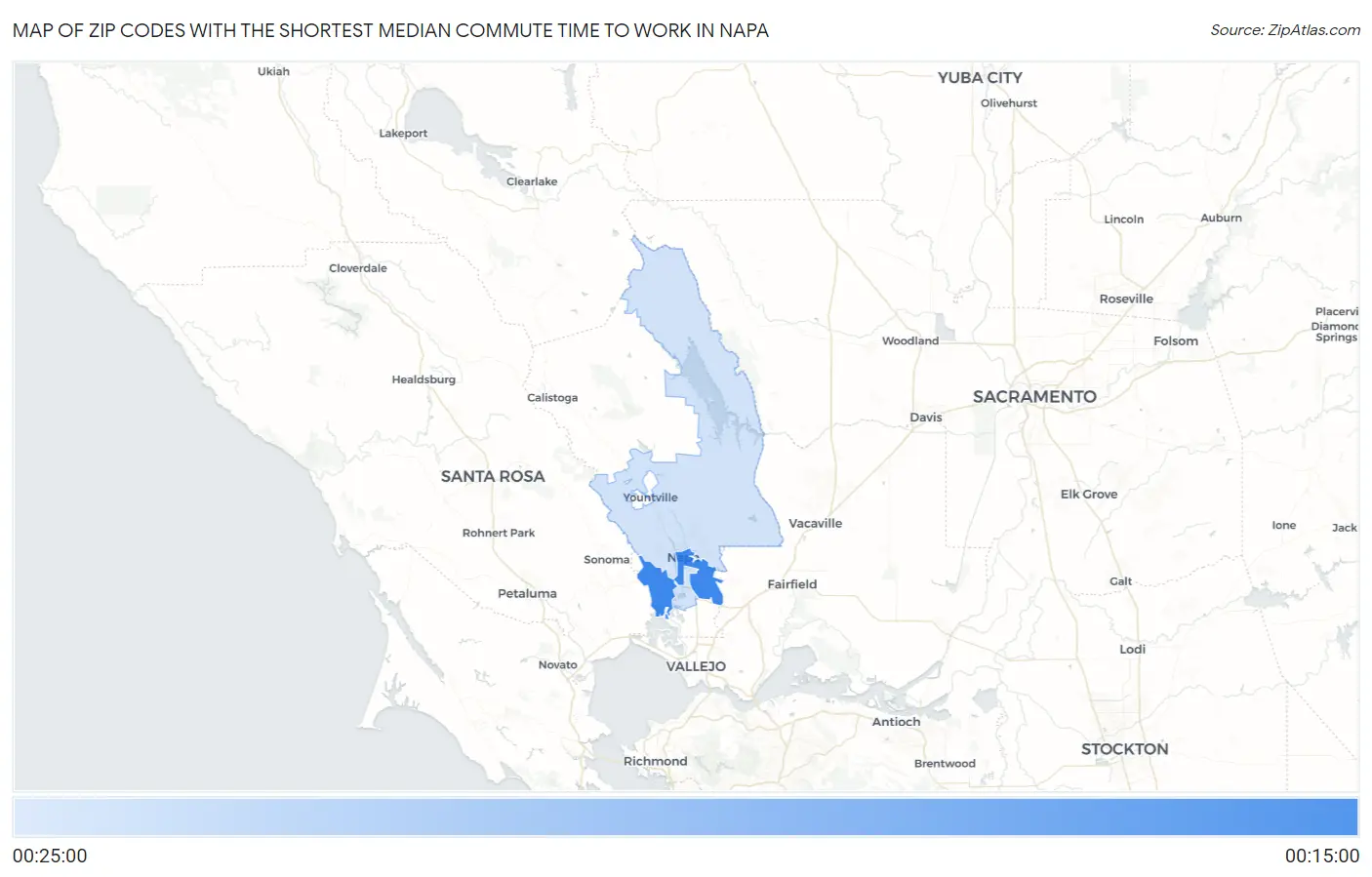 Zip Codes with the Shortest Median Commute Time to Work in Napa Map