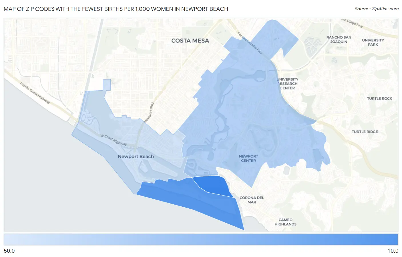 Zip Codes with the Fewest Births per 1,000 Women in Newport Beach Map