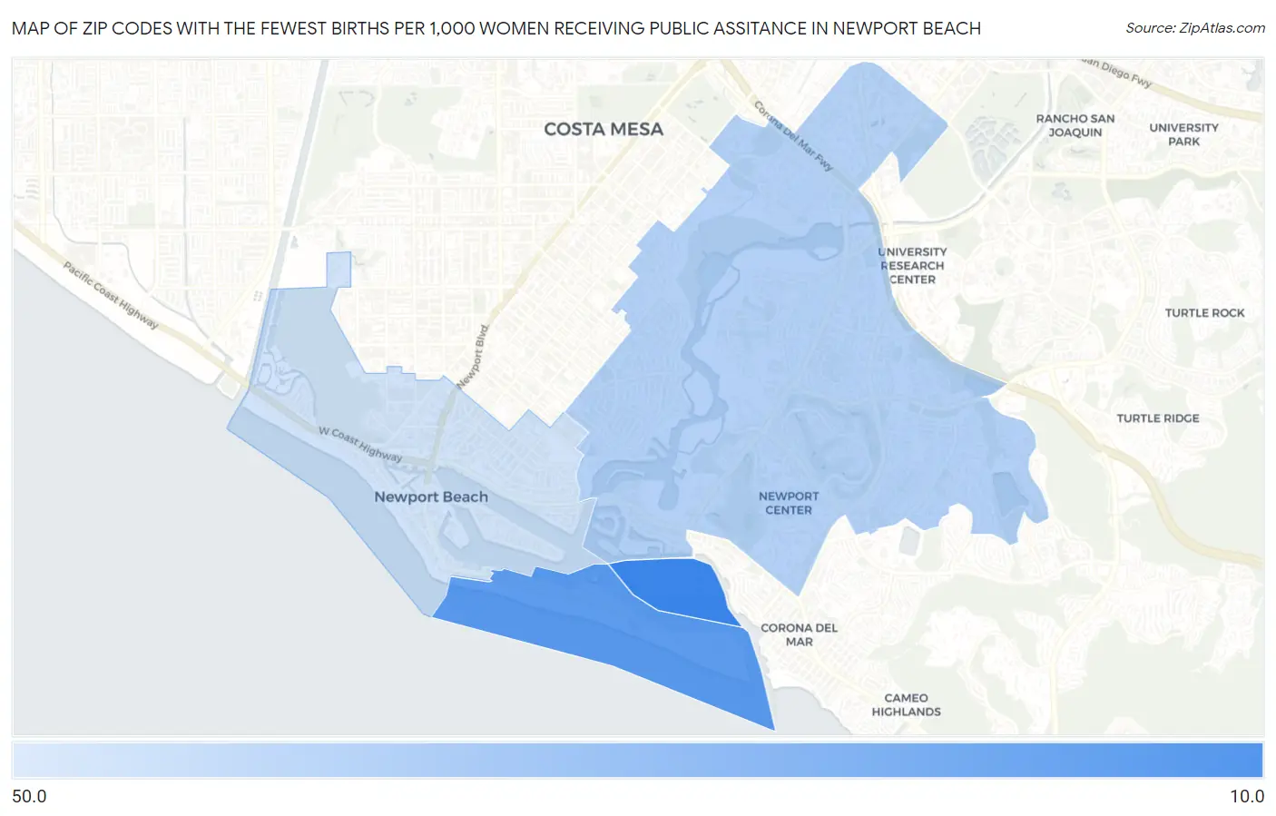 Zip Codes with the Fewest Births per 1,000 Women Receiving Public Assitance in Newport Beach Map