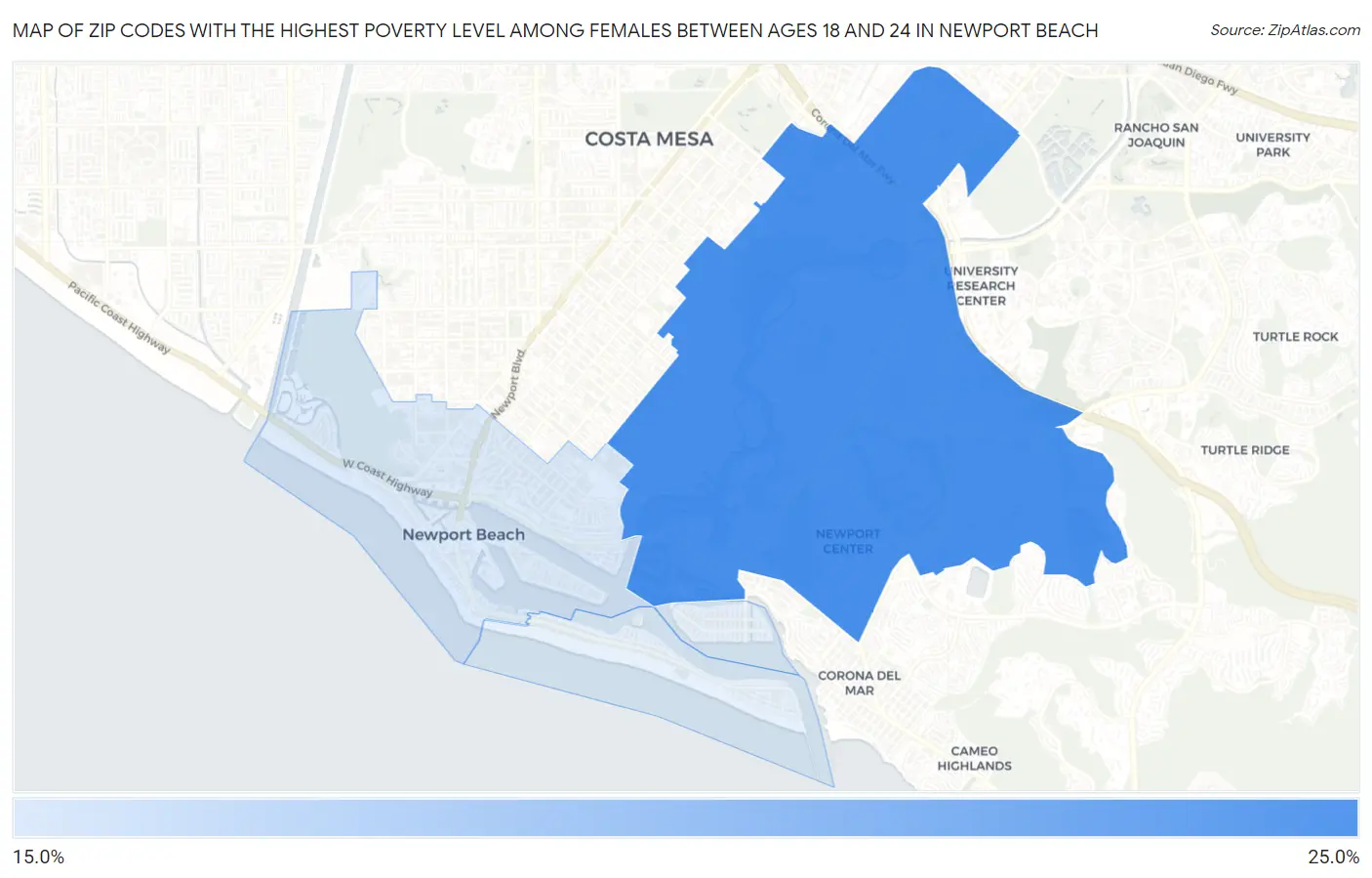 Zip Codes with the Highest Poverty Level Among Females Between Ages 18 and 24 in Newport Beach Map