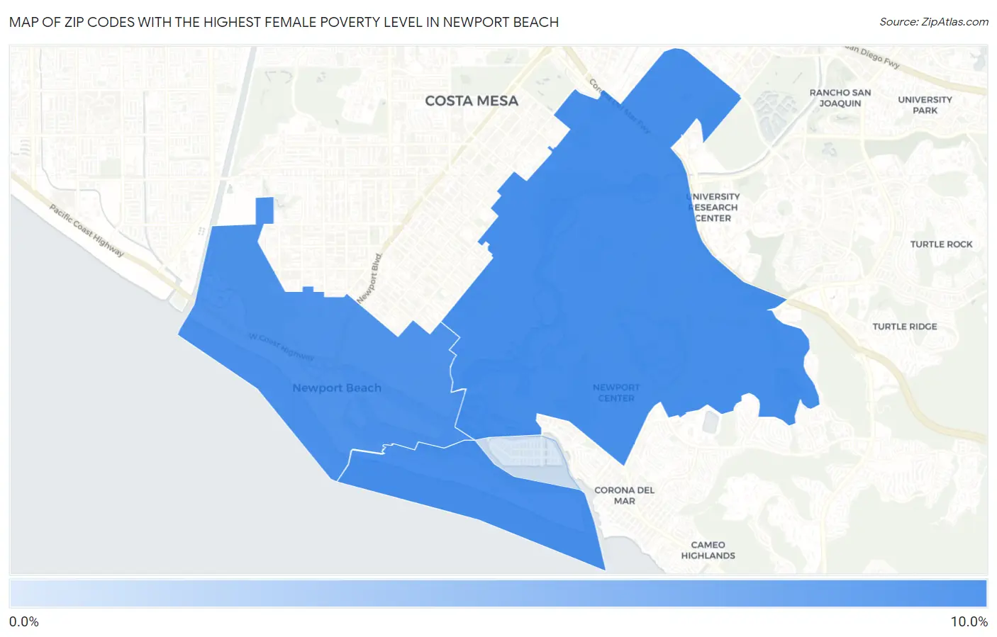 Zip Codes with the Highest Female Poverty Level in Newport Beach Map