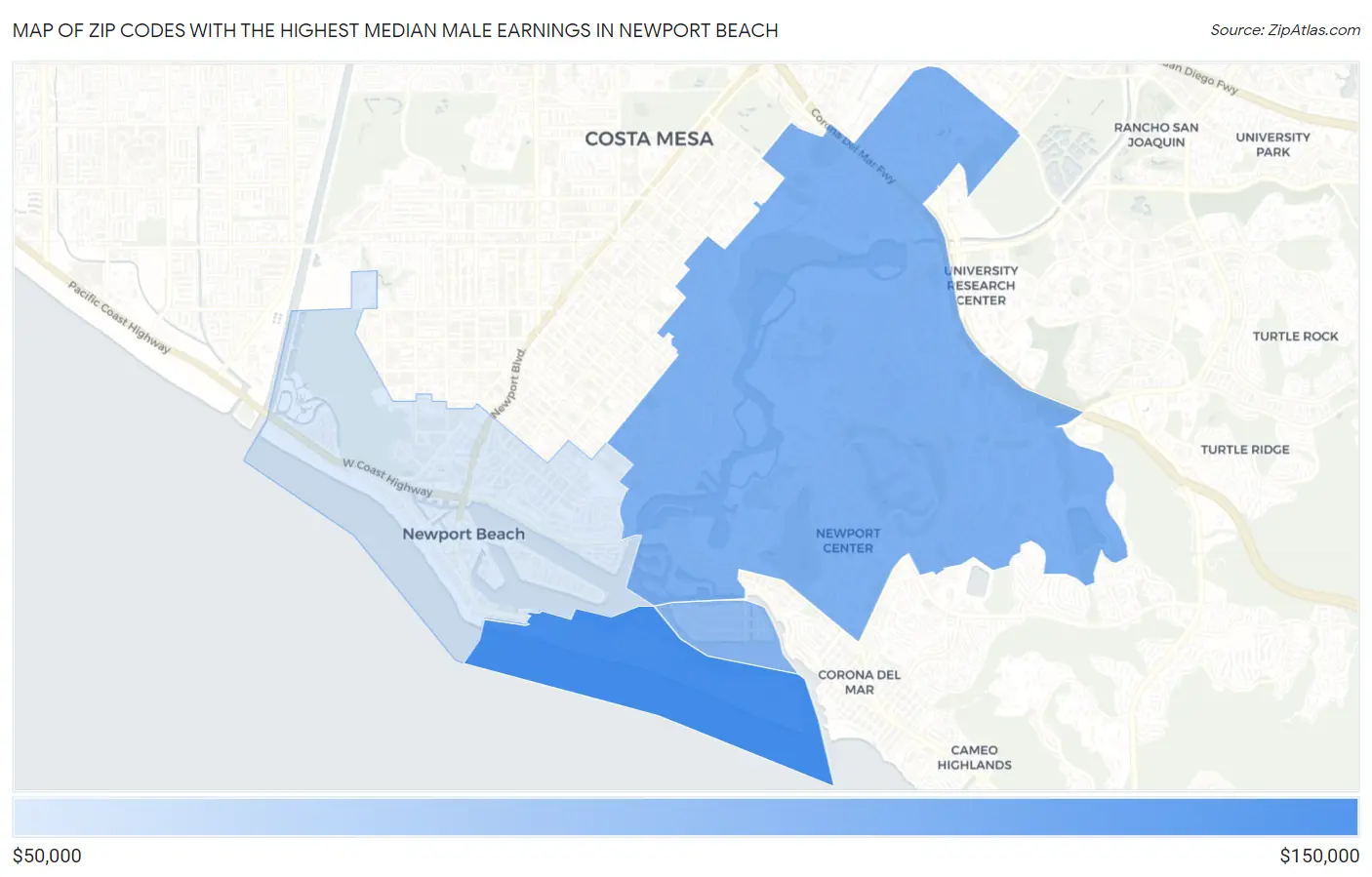Zip Codes with the Highest Median Male Earnings in Newport Beach Map