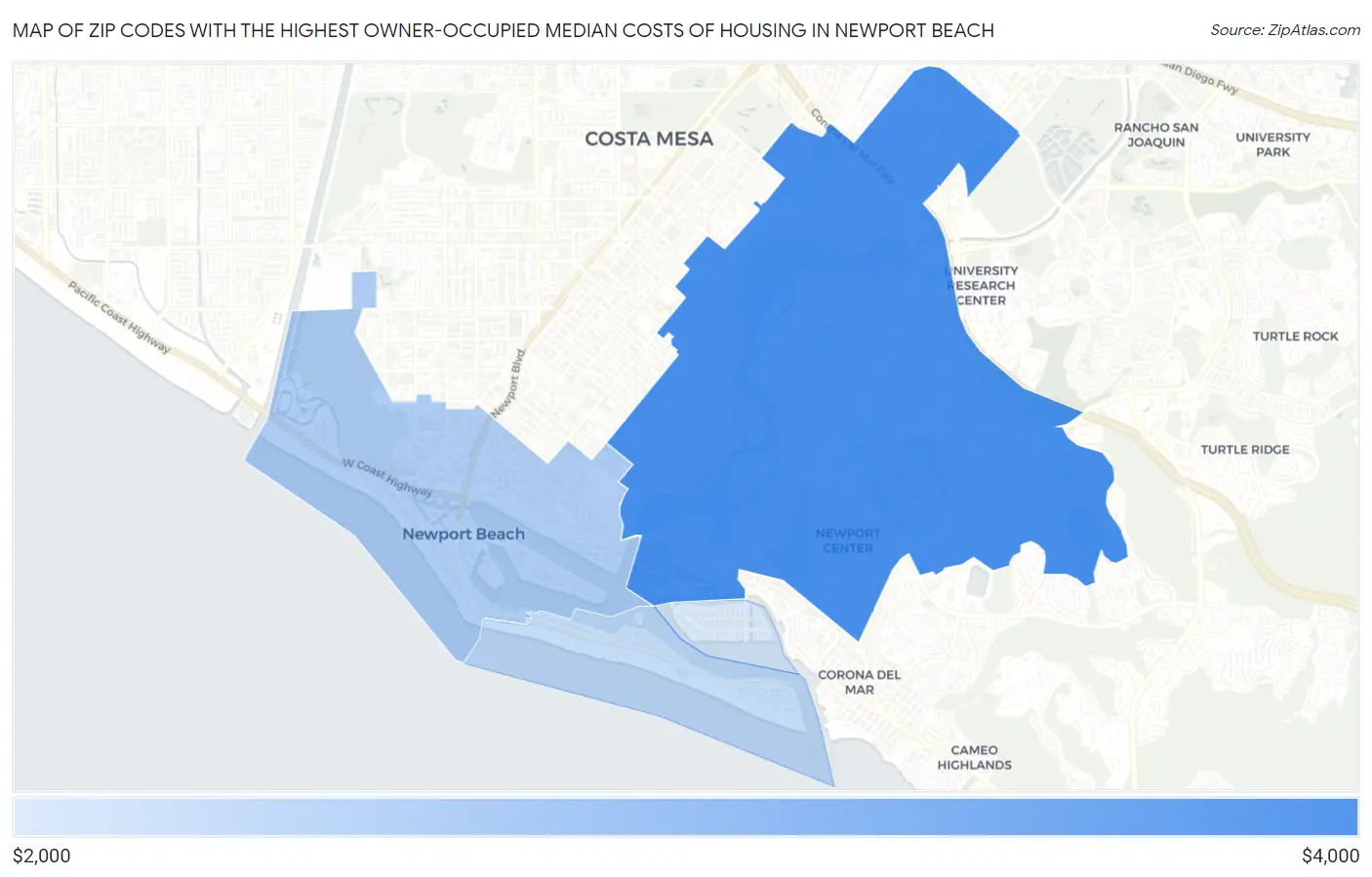 Zip Codes with the Highest Owner-Occupied Median Costs of Housing in Newport Beach Map