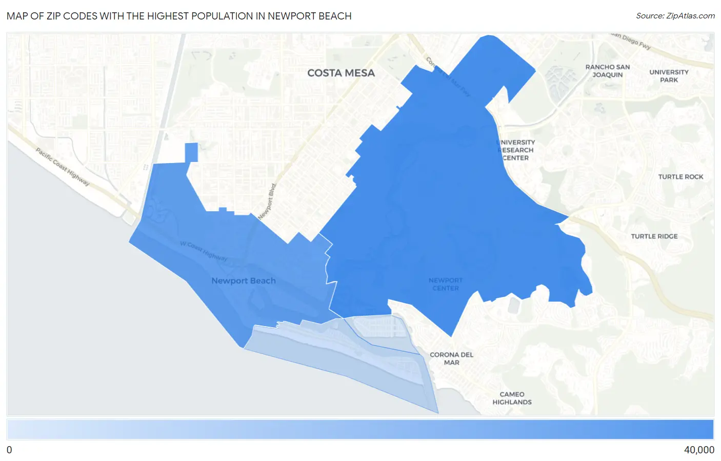 Zip Codes with the Highest Population in Newport Beach Map