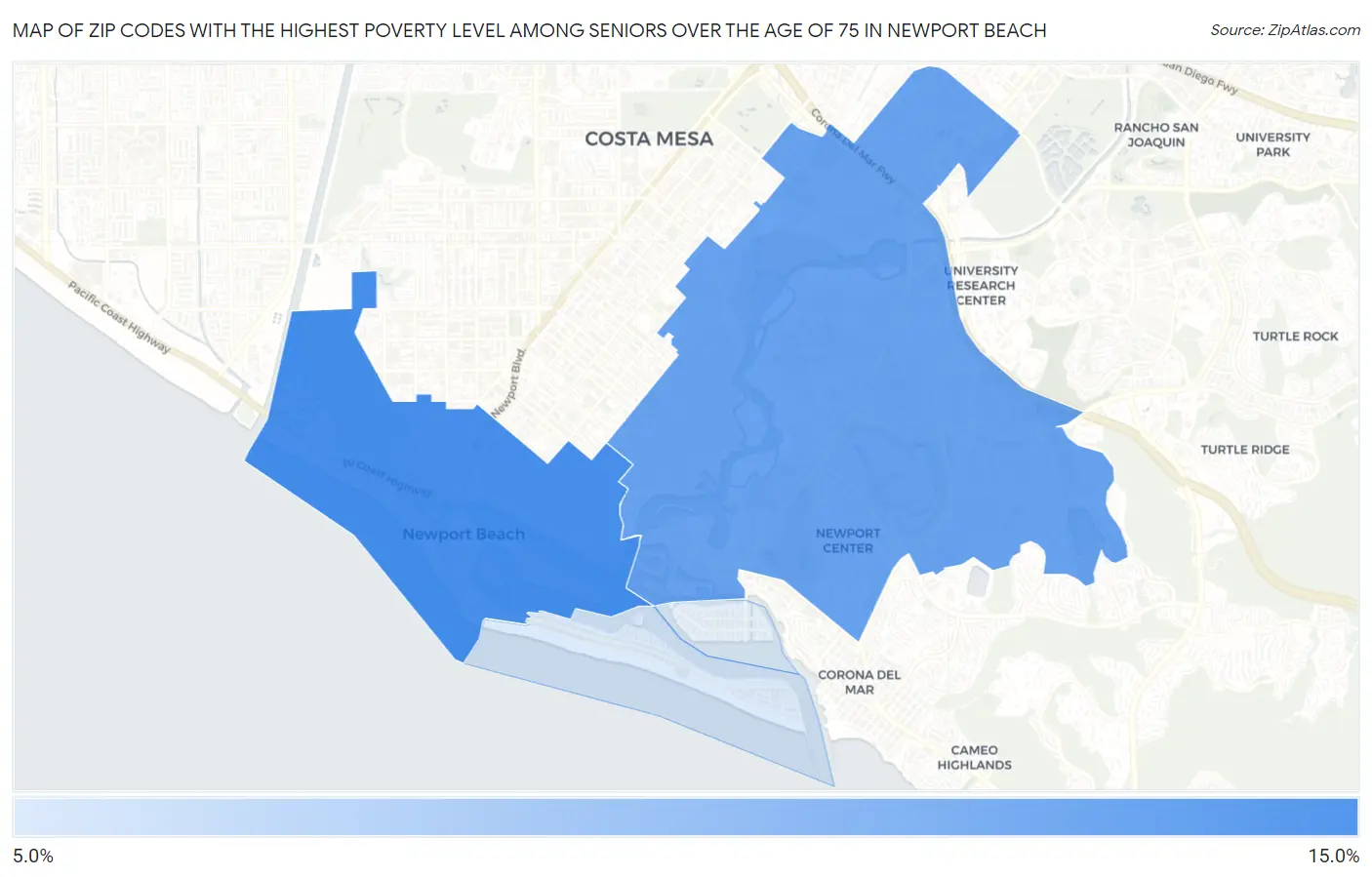 Zip Codes with the Highest Poverty Level Among Seniors Over the Age of 75 in Newport Beach Map