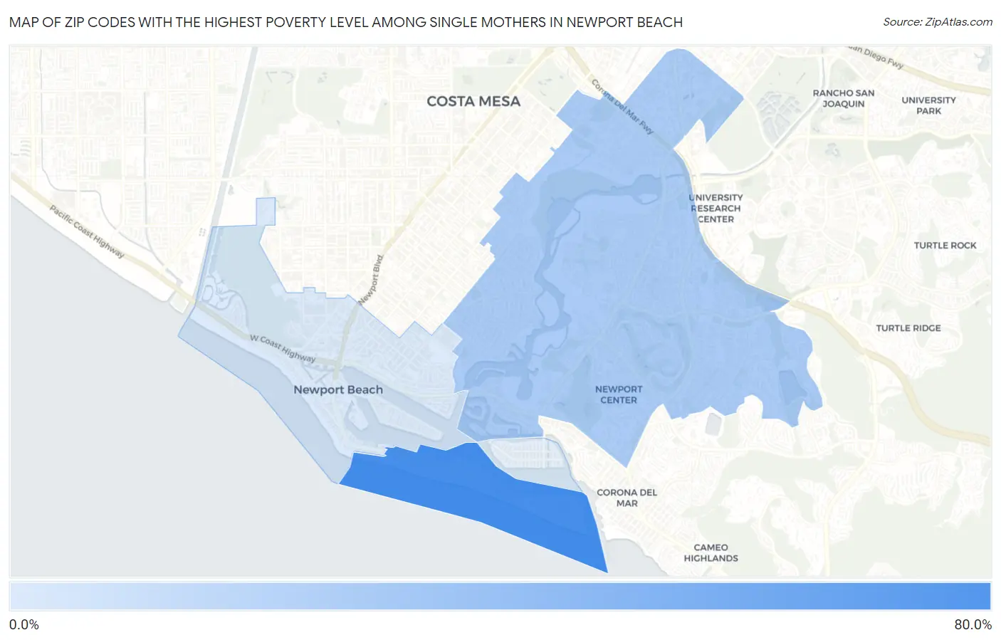 Zip Codes with the Highest Poverty Level Among Single Mothers in Newport Beach Map