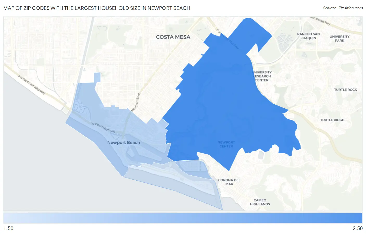 Zip Codes with the Largest Household Size in Newport Beach Map