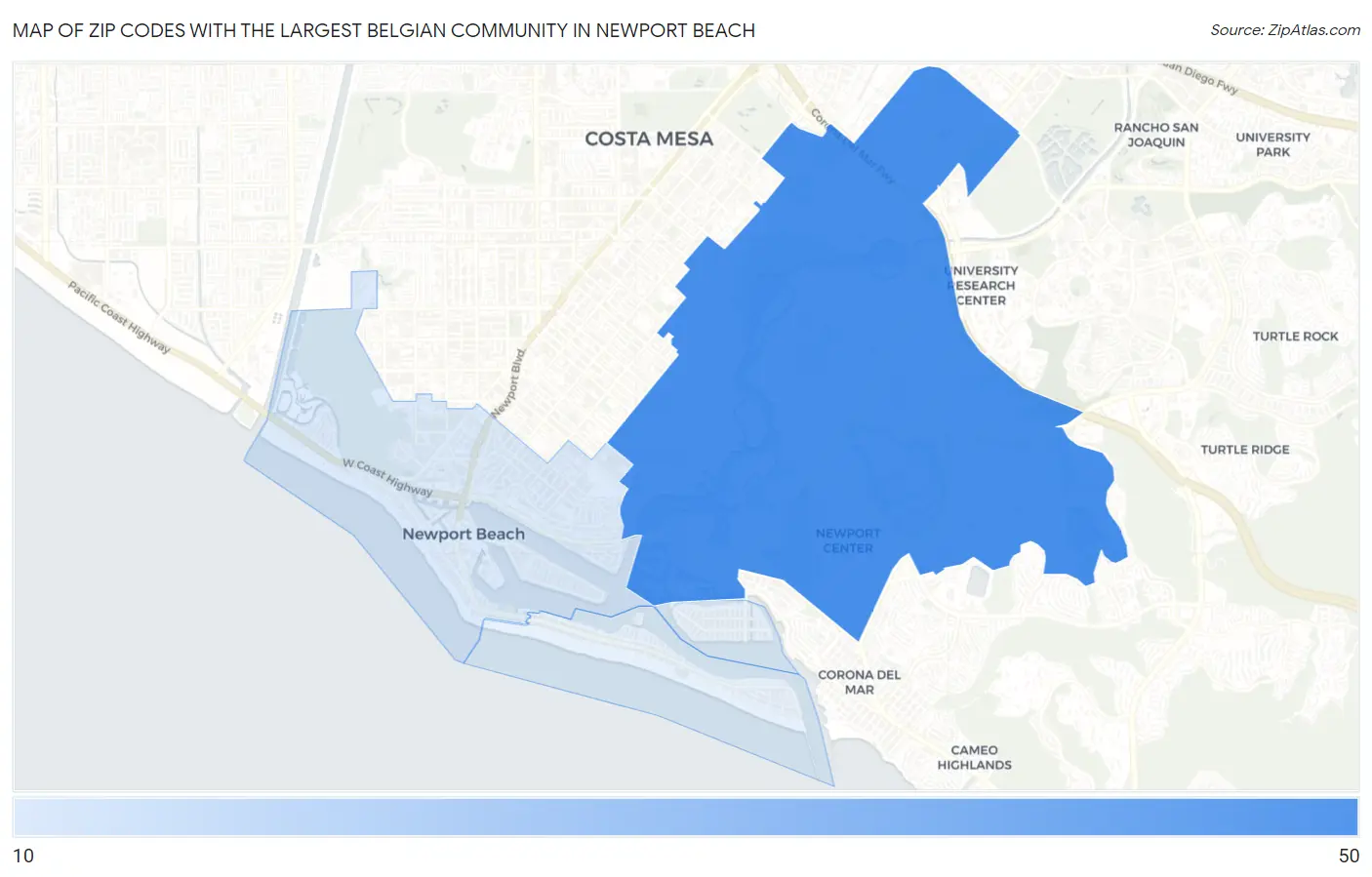 Zip Codes with the Largest Belgian Community in Newport Beach Map