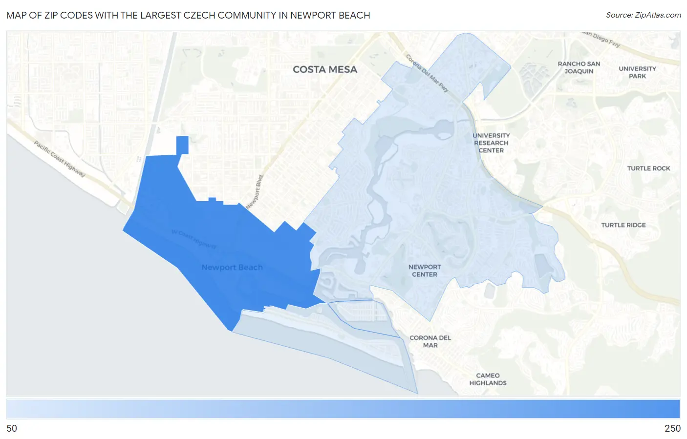 Zip Codes with the Largest Czech Community in Newport Beach Map