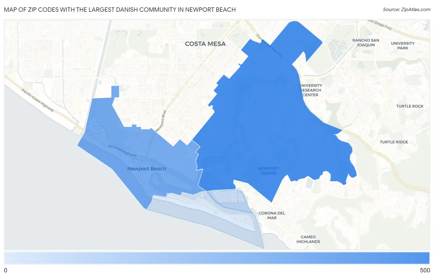 Zip Codes with the Largest Danish Community in Newport Beach Map