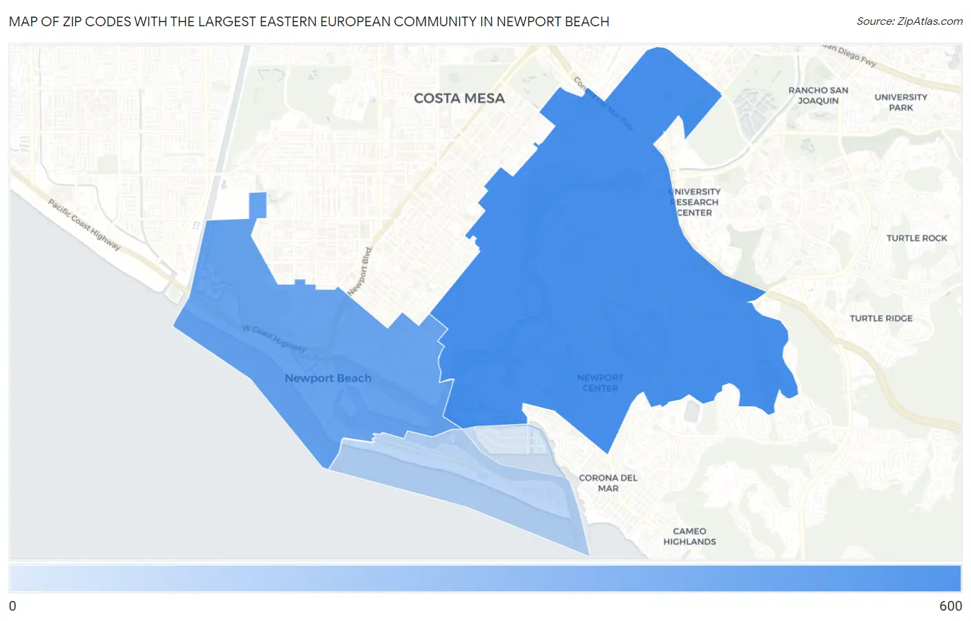 Zip Codes with the Largest Eastern European Community in Newport Beach Map