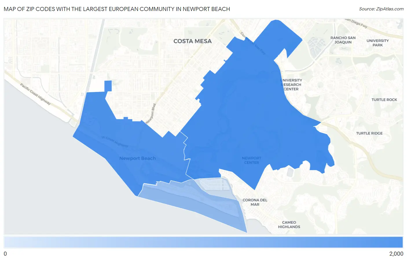 Zip Codes with the Largest European Community in Newport Beach Map