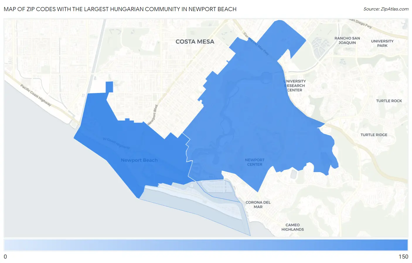 Zip Codes with the Largest Hungarian Community in Newport Beach Map