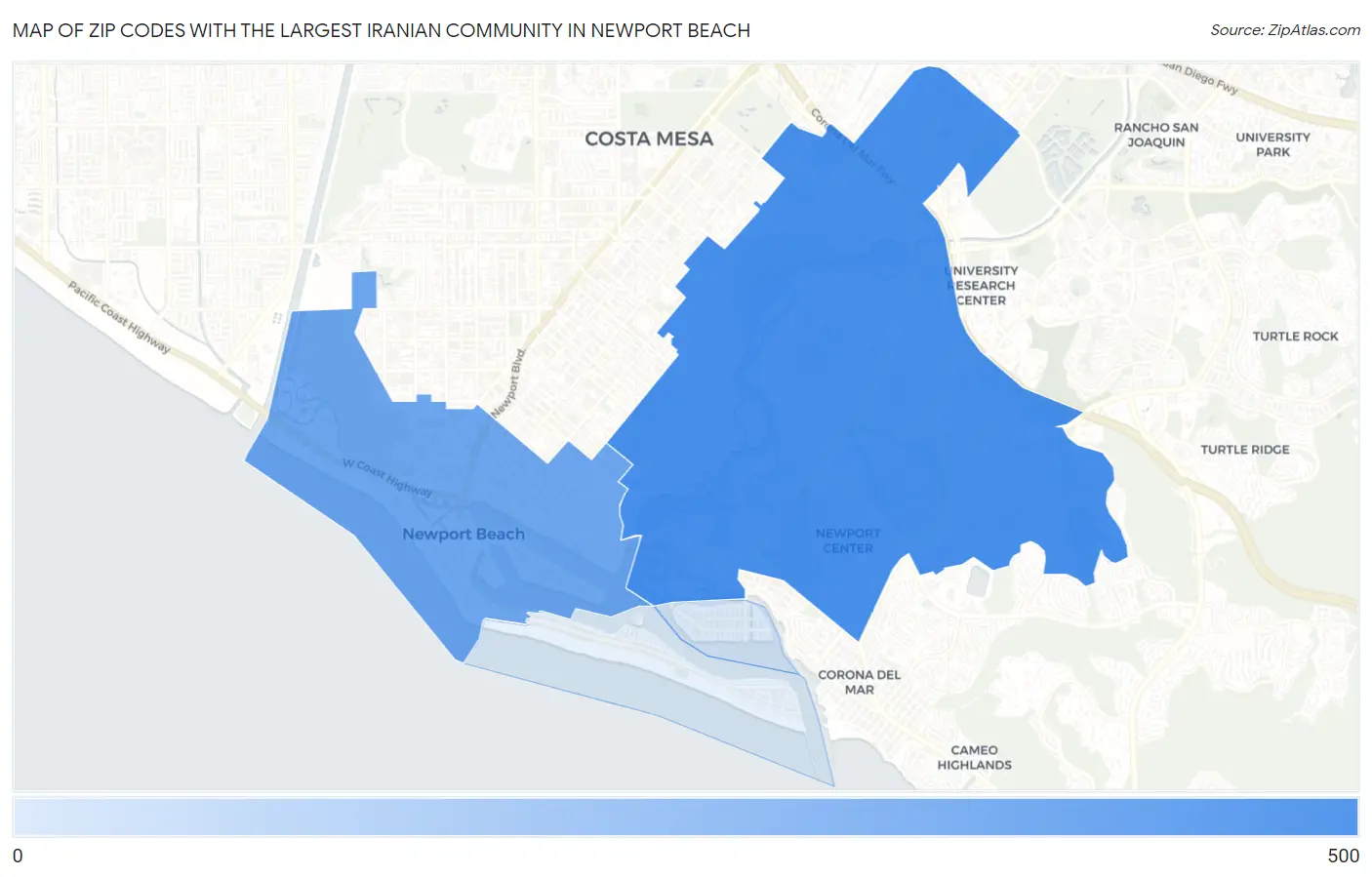 Zip Codes with the Largest Iranian Community in Newport Beach Map