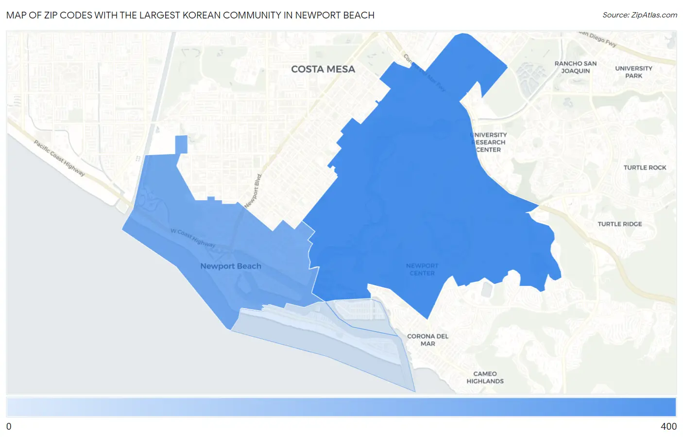 Zip Codes with the Largest Korean Community in Newport Beach Map