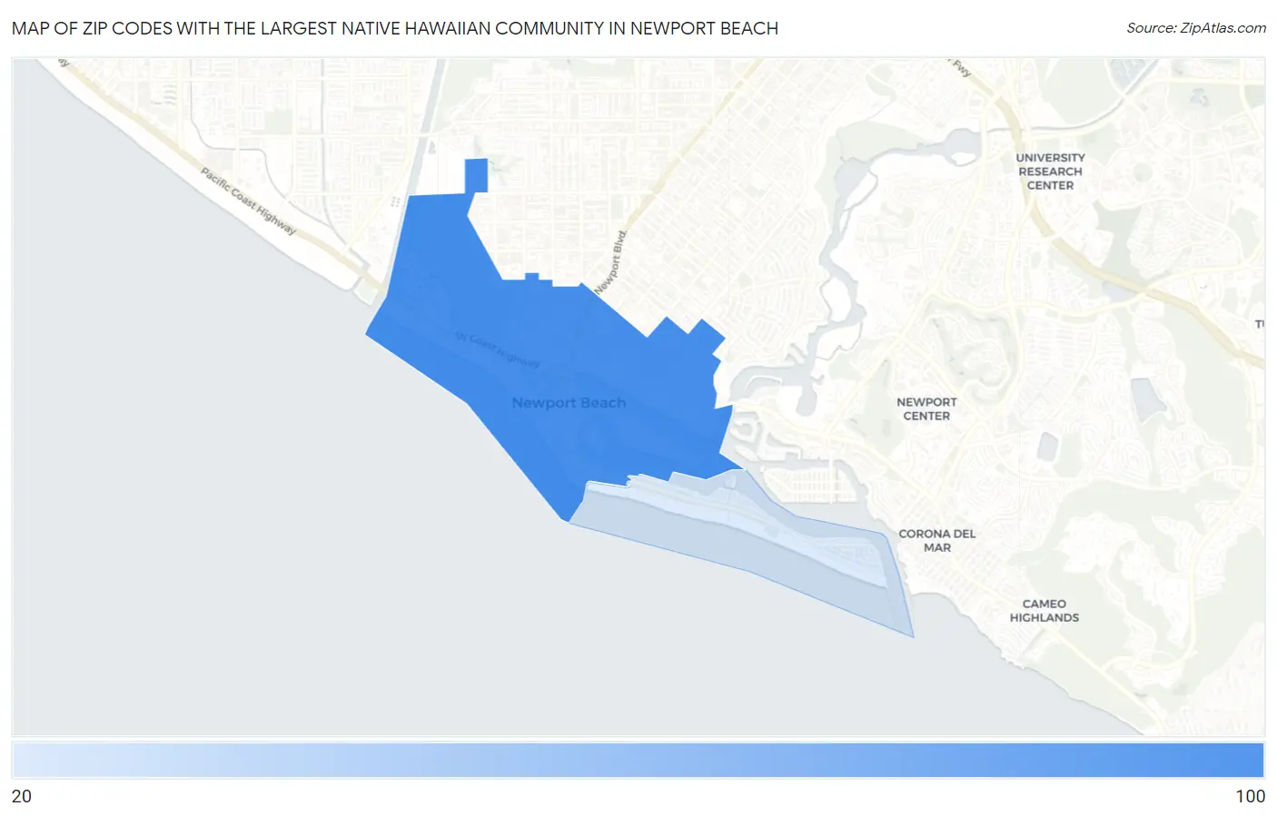Zip Codes with the Largest Native Hawaiian Community in Newport Beach Map