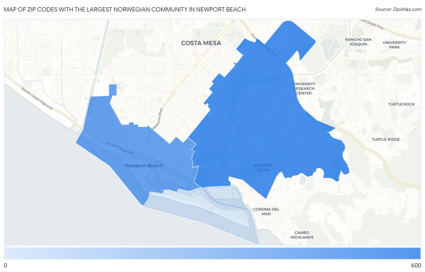 Zip Codes with the Largest Norwegian Community in Newport Beach Map