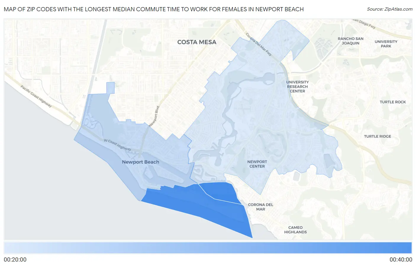 Zip Codes with the Longest Median Commute Time to Work for Females in Newport Beach Map