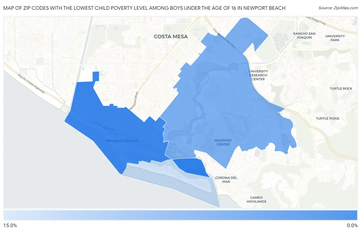 Zip Codes with the Lowest Child Poverty Level Among Boys Under the Age of 16 in Newport Beach Map