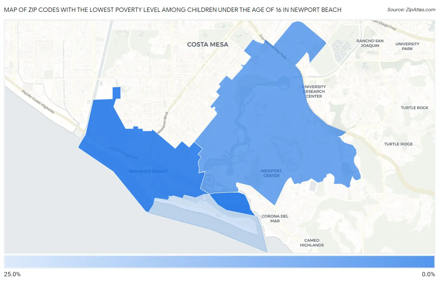 Zip Codes with the Lowest Poverty Level Among Children Under the Age of 16 in Newport Beach Map