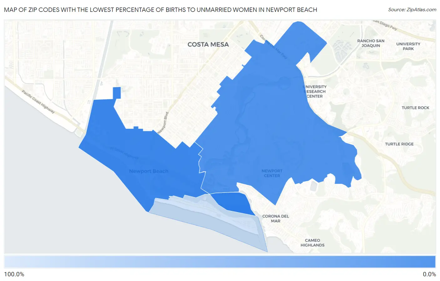 Zip Codes with the Lowest Percentage of Births to Unmarried Women in Newport Beach Map