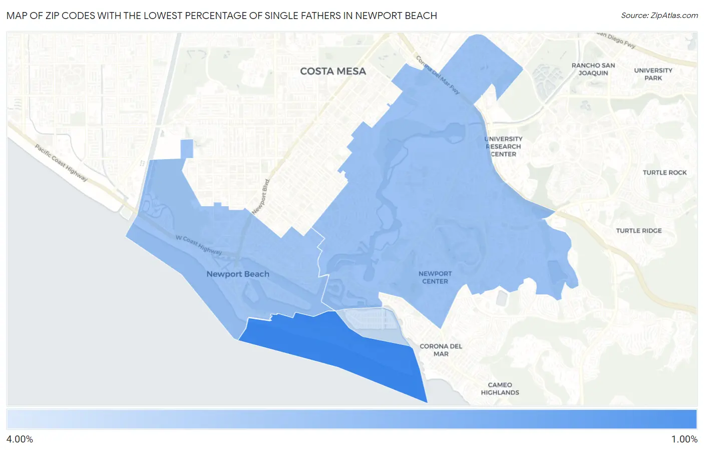 Zip Codes with the Lowest Percentage of Single Fathers in Newport Beach Map