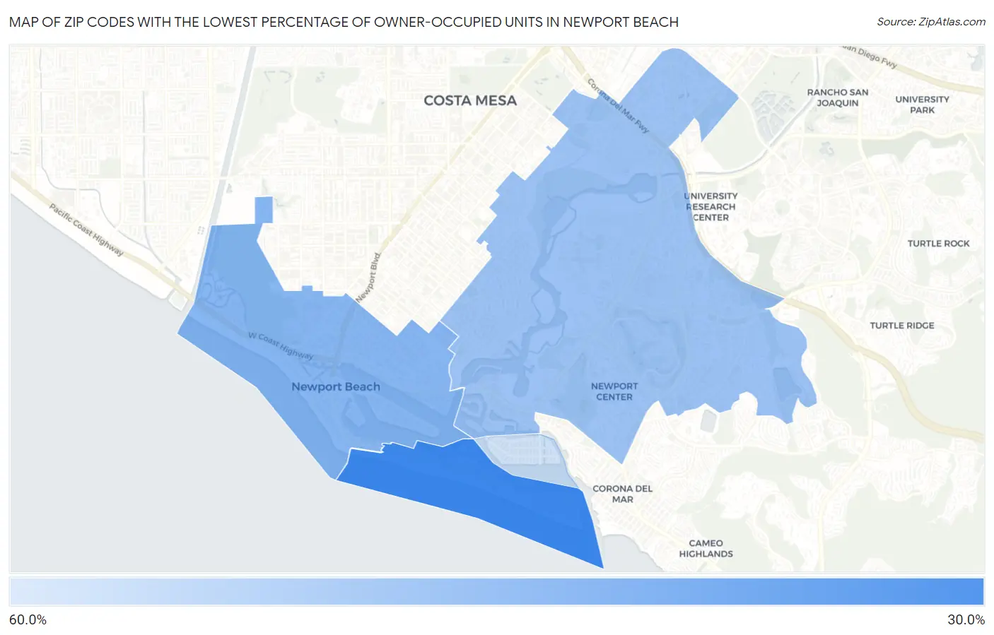 Zip Codes with the Lowest Percentage of Owner-Occupied Units in Newport Beach Map