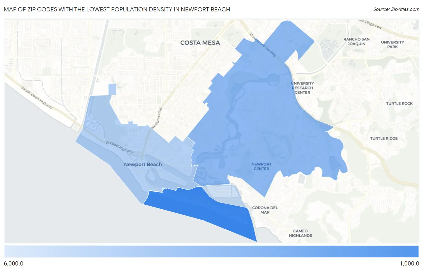Zip Codes with the Lowest Population Density in Newport Beach Map
