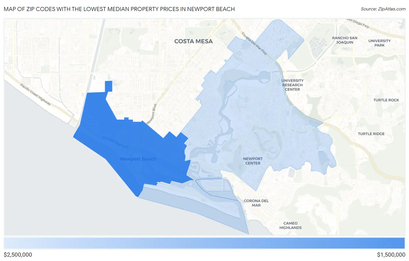 Zip Codes with the Lowest Median Property Prices in Newport Beach Map