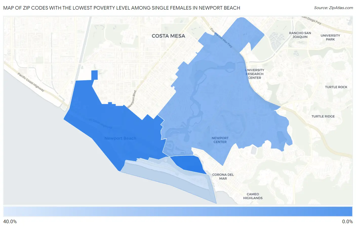 Zip Codes with the Lowest Poverty Level Among Single Females in Newport Beach Map