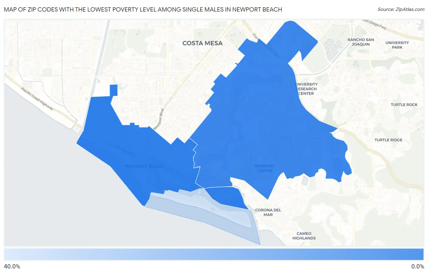 Zip Codes with the Lowest Poverty Level Among Single Males in Newport Beach Map