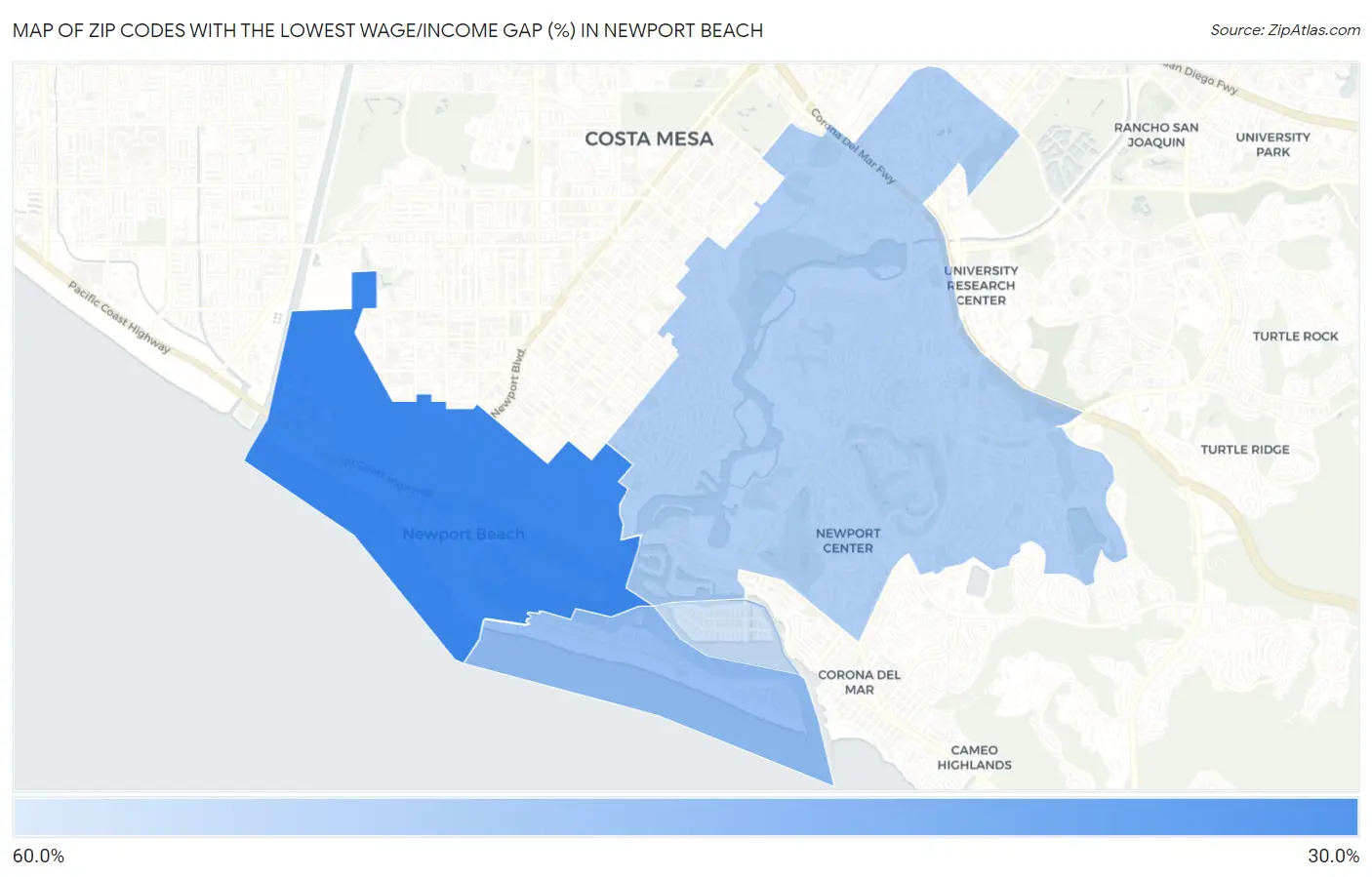 Zip Codes with the Lowest Wage/Income Gap (%) in Newport Beach Map