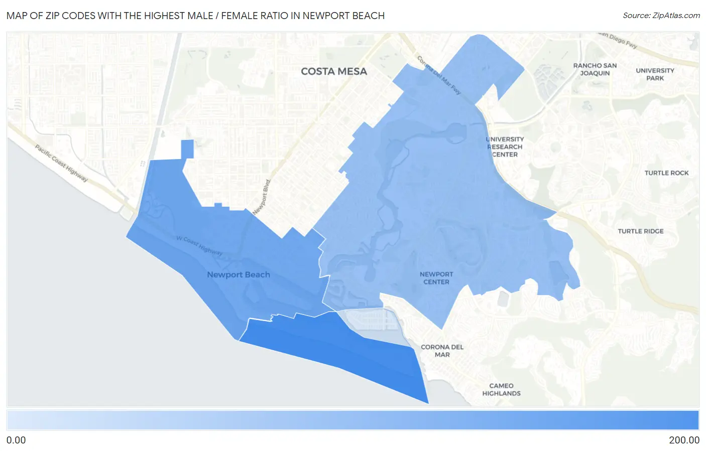 Zip Codes with the Highest Male / Female Ratio in Newport Beach Map