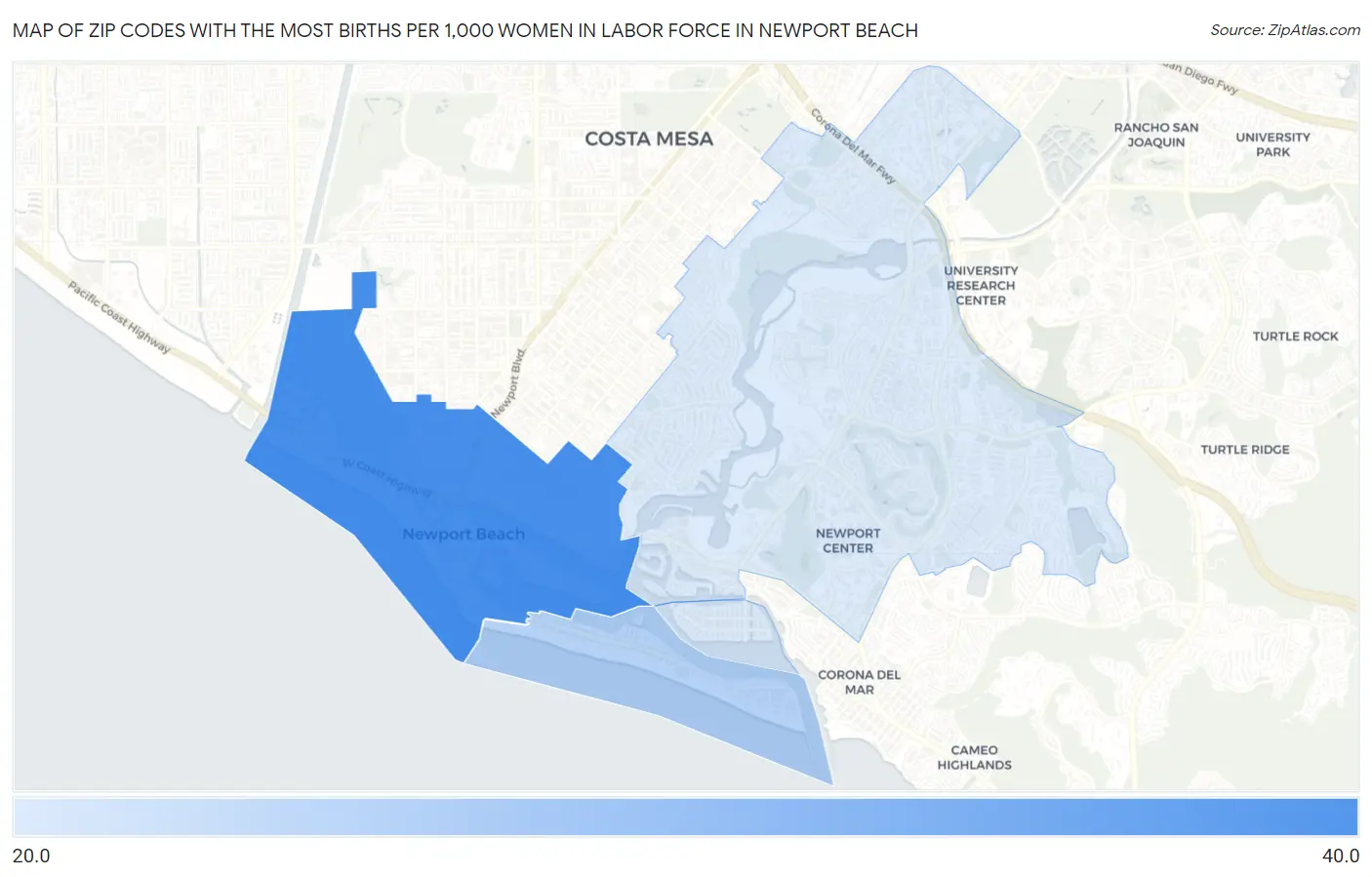 Zip Codes with the Most Births per 1,000 Women in Labor Force in Newport Beach Map