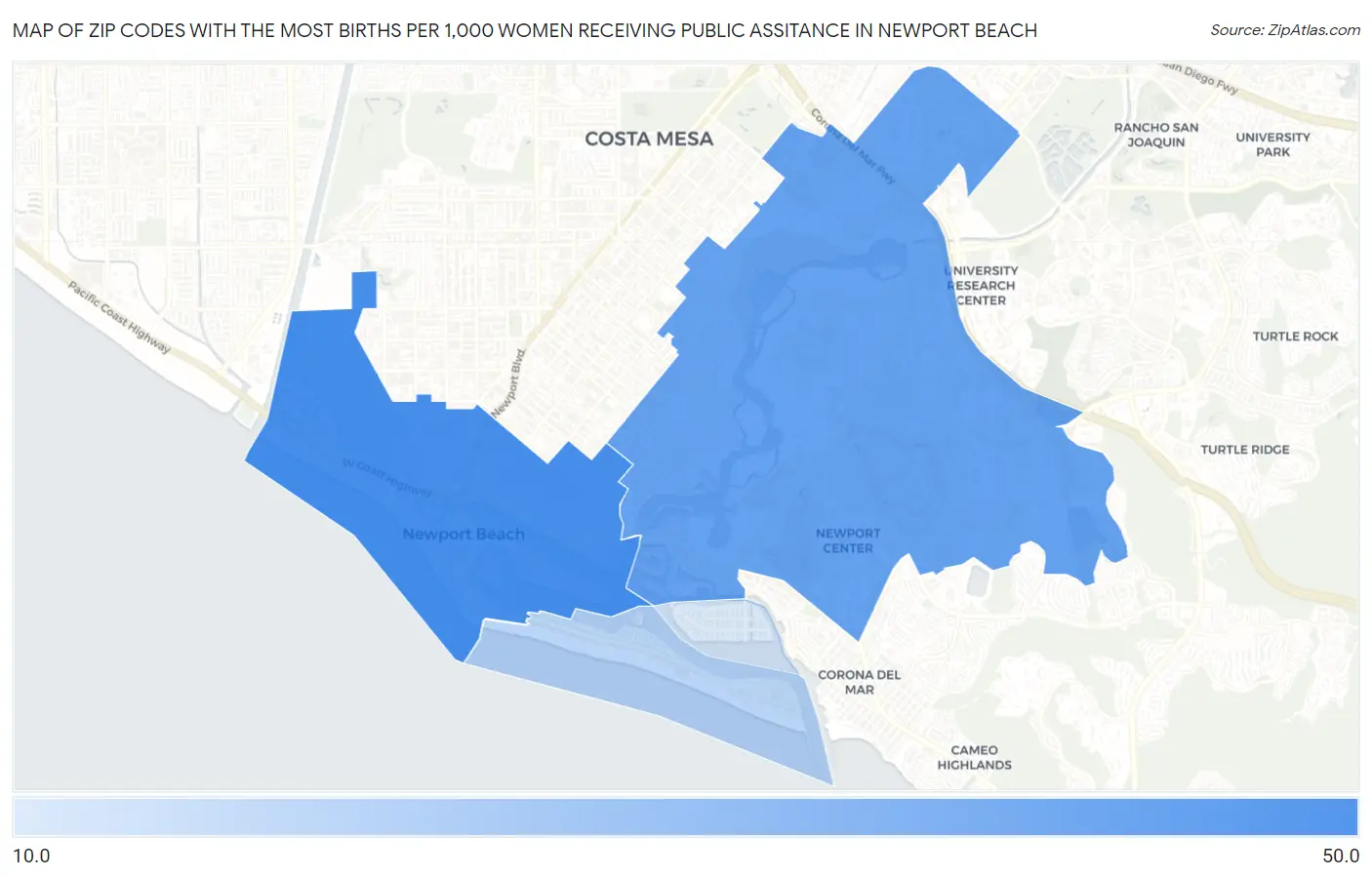 Zip Codes with the Most Births per 1,000 Women Receiving Public Assitance in Newport Beach Map