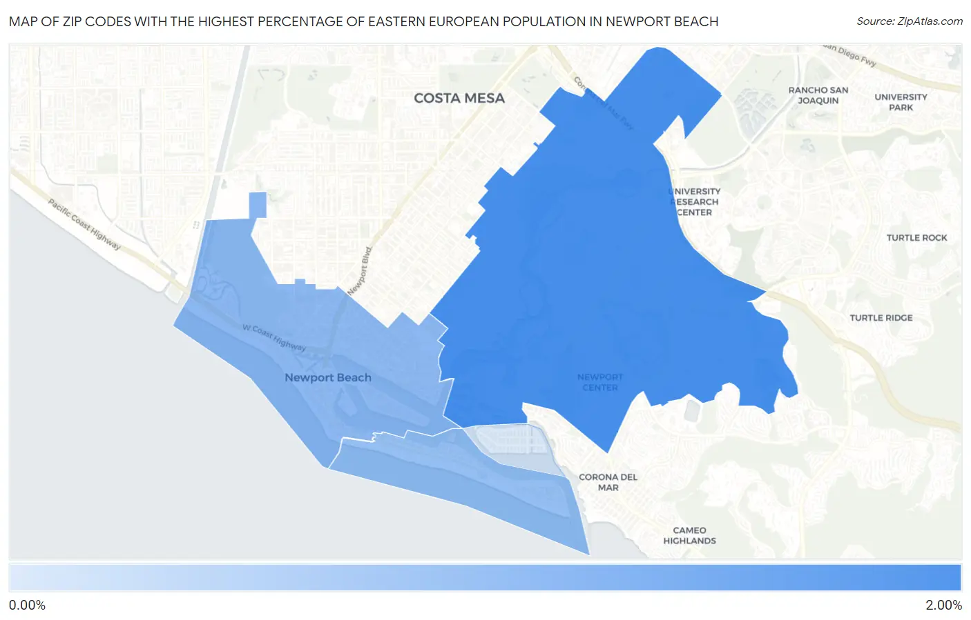 Zip Codes with the Highest Percentage of Eastern European Population in Newport Beach Map