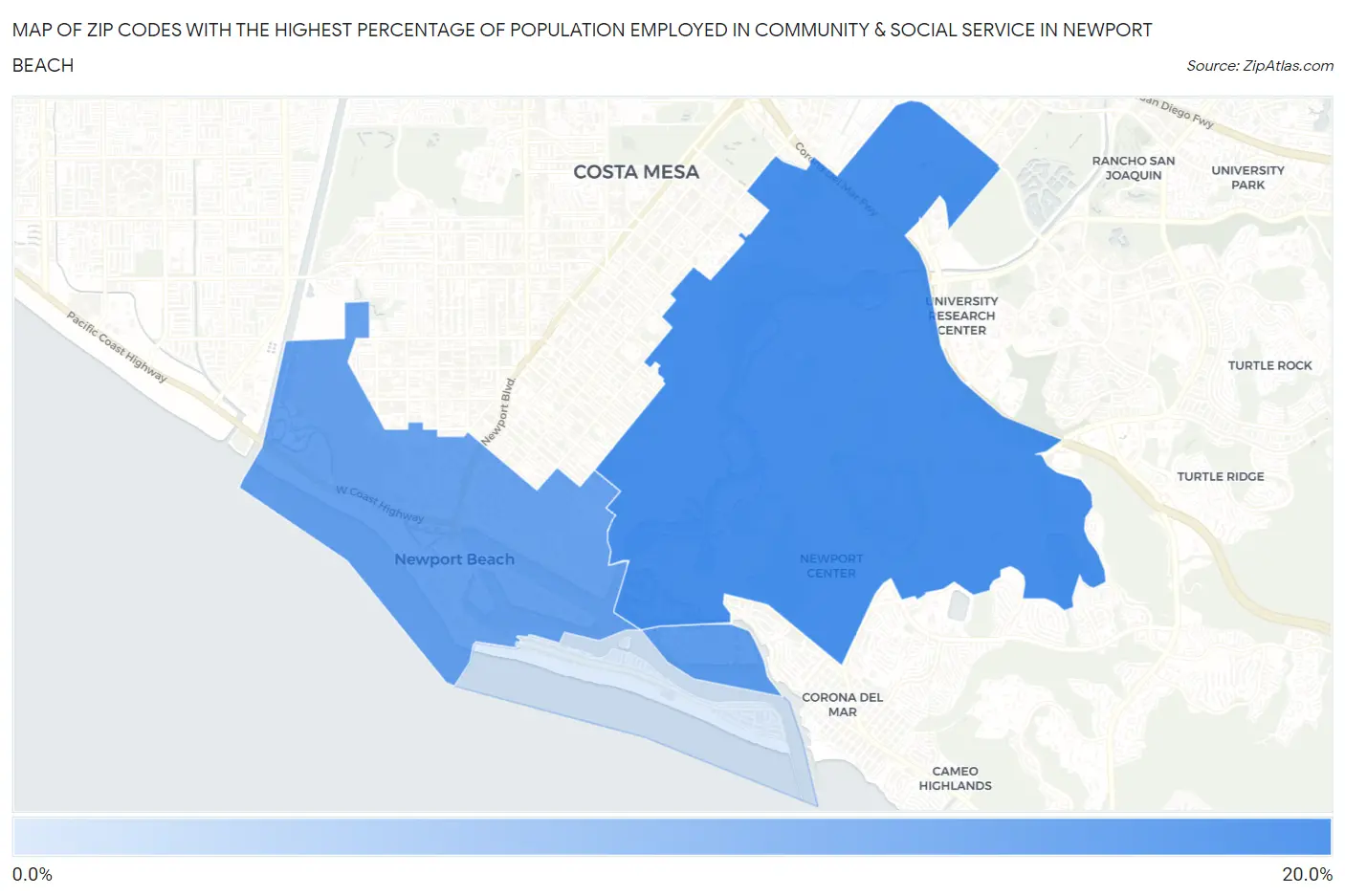 Zip Codes with the Highest Percentage of Population Employed in Community & Social Service  in Newport Beach Map