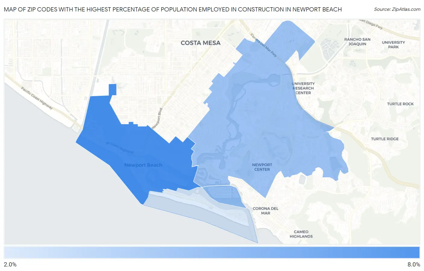 Zip Codes with the Highest Percentage of Population Employed in Construction in Newport Beach Map