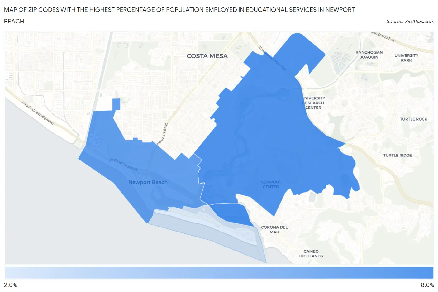 Zip Codes with the Highest Percentage of Population Employed in Educational Services in Newport Beach Map