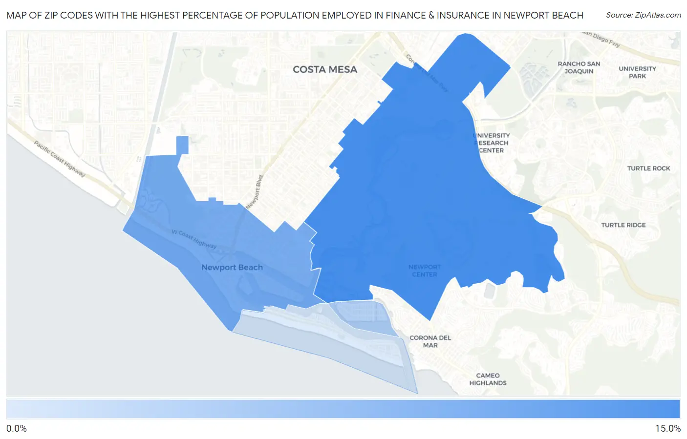 Zip Codes with the Highest Percentage of Population Employed in Finance & Insurance in Newport Beach Map