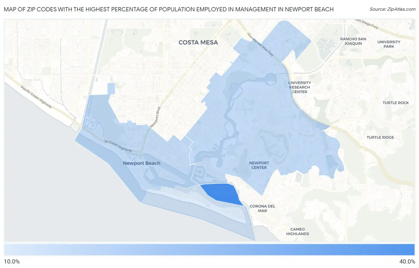 Zip Codes with the Highest Percentage of Population Employed in Management in Newport Beach Map